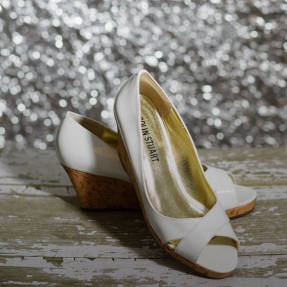 Colin Stuart white peep toe cork wedge sandals size 7 - Picture 5 of 8